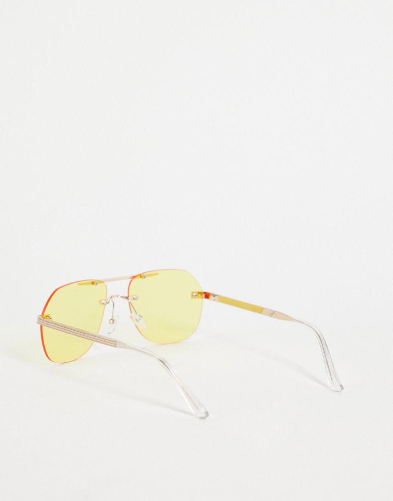 ASOS DESIGN rimless aviator sunglasses with yellow lens in gold商品第3张图片规格展示