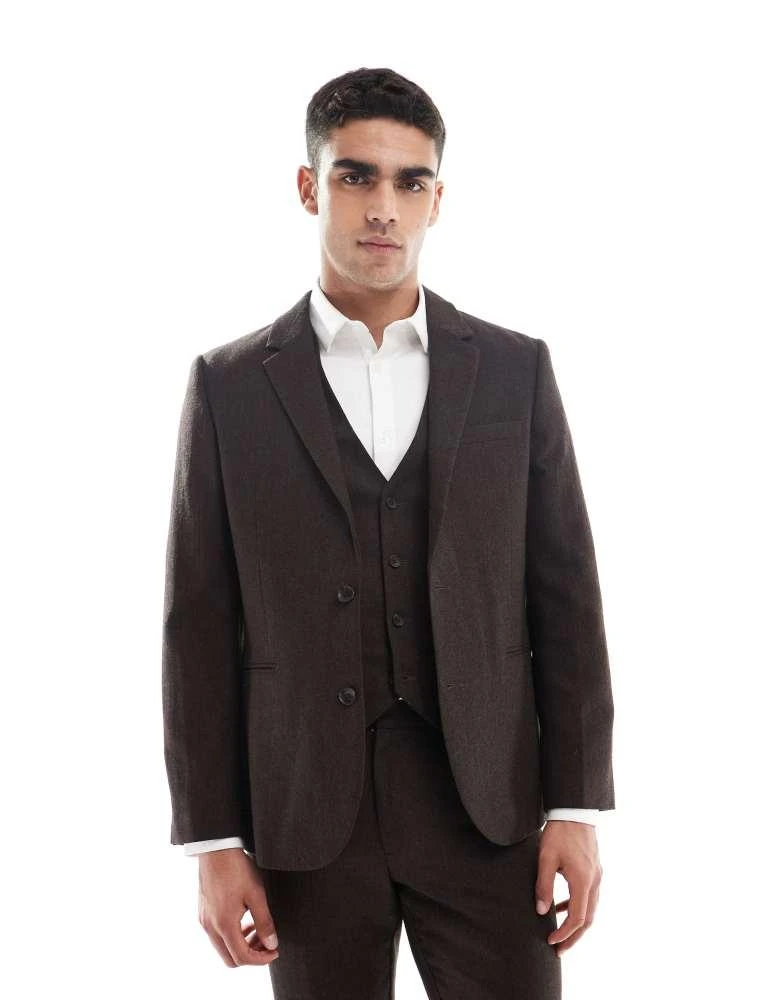 商品ASOS|ASOS DESIGN wool rich slim suit jacket in brown herringbone,价格¥883,第1张图片详细描述