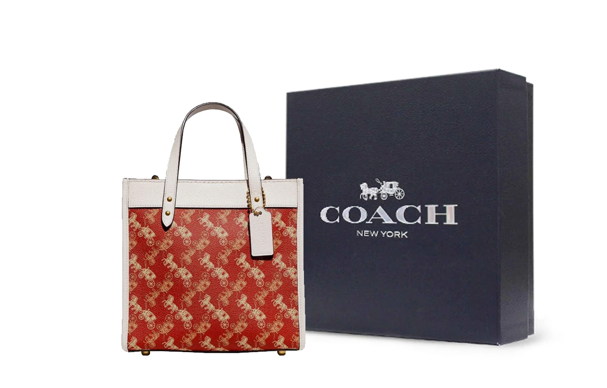 商品[国内直发] Coach|蔻驰 Field系列 22 竖版马车老花皮革托特包Tote包购物袋手提单肩斜挎包 小号 女款 红色/粉笔白,价格¥2492,第6张图片详细描述