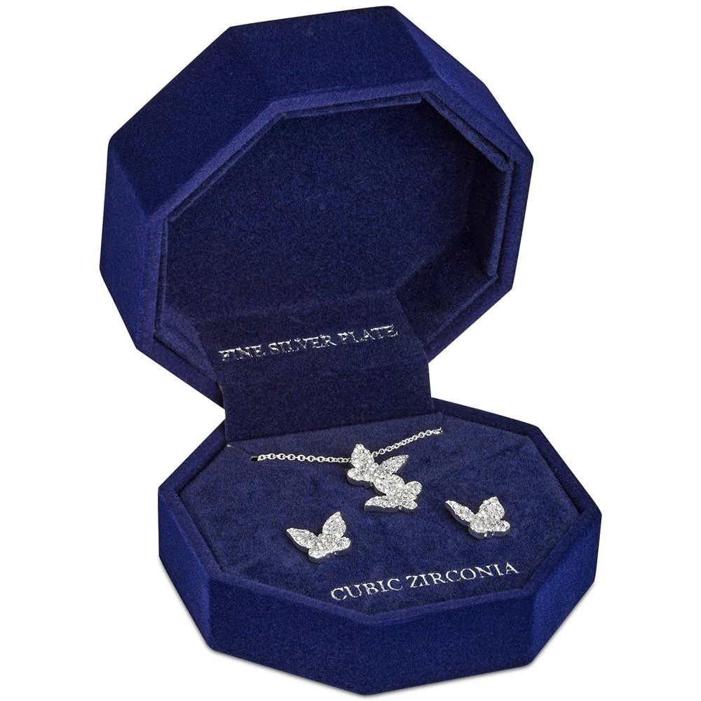 商品Macy's|Cubic Zirconia Double Butterfly Pendant Necklace & Stud Earrings Set in Fine Silver Plate,价格¥157,第2张图片详细描述