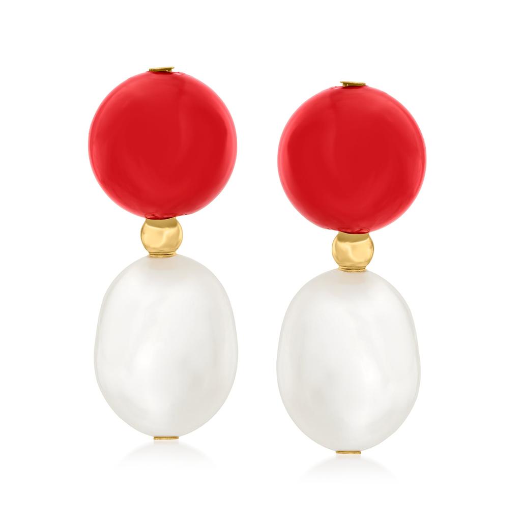 Ross-Simons 10-11mm Cultured Pearl and 10mm Red Coral Bead Drop Earrings in 18kt Gold Over Sterling商品第1张图片规格展示