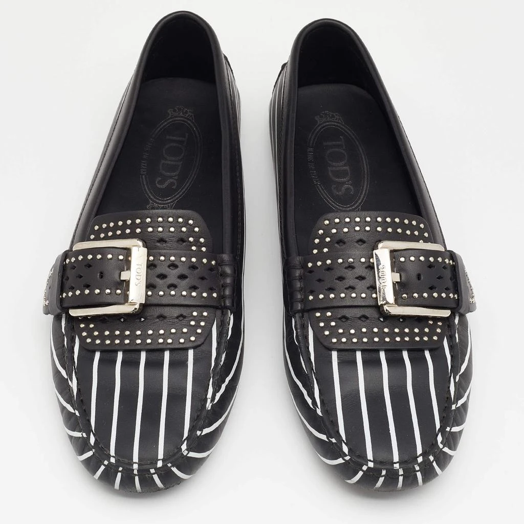 商品[二手商品] Tod's|Tod's Black/White Striped Leather Embellished Slip On Loafers Size 38,价格¥859,第3张图片详细描述