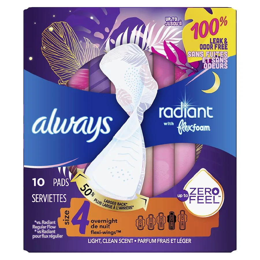 商品Always|Radiant Overnight Feminine Pads For Women, With Wings Light Clean, Size 4 (10 ct),价格¥59,第1张图片