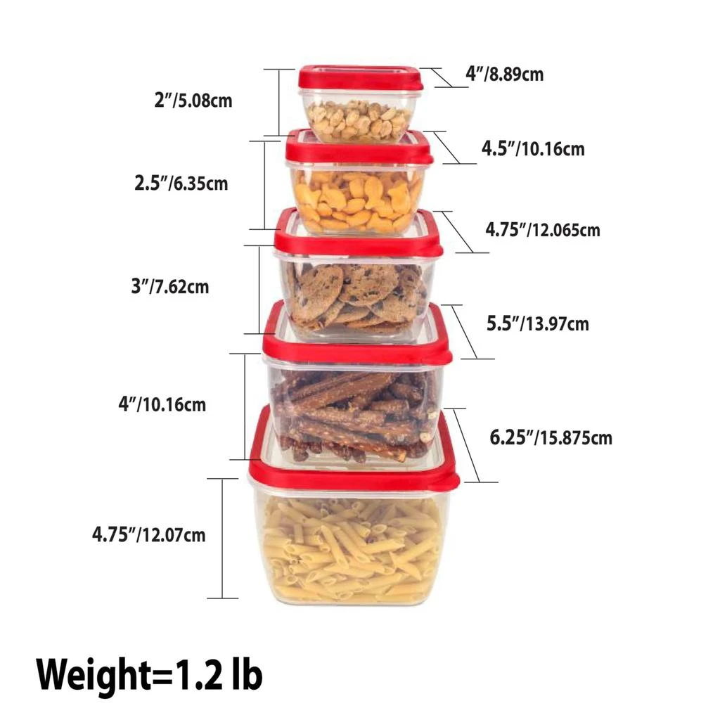 商品Home Basics|Home Basics 5 Piece Spill-Proof Square Plastic Food Storage Container with Ventilated, Snap-On Lids, Red,价格¥131,第3张图片详细描述