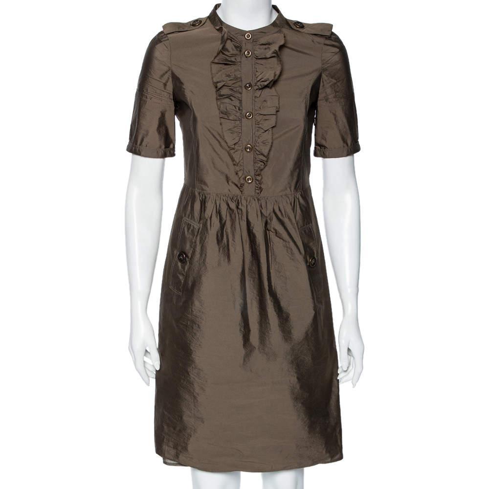 商品[二手商品] Burberry|Burberry Olive Green Ruffle Trim Belted Short Sleeve Dress XS,价格¥898,第1张图片