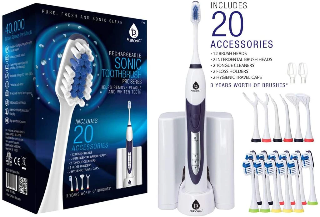 商品PURSONIC|Ultra High Powered Sonic Electric Toothbrush with Dock Charger, 12 Brush Heads & More! (Value Pack)WHITE,价格¥411,第1张图片
