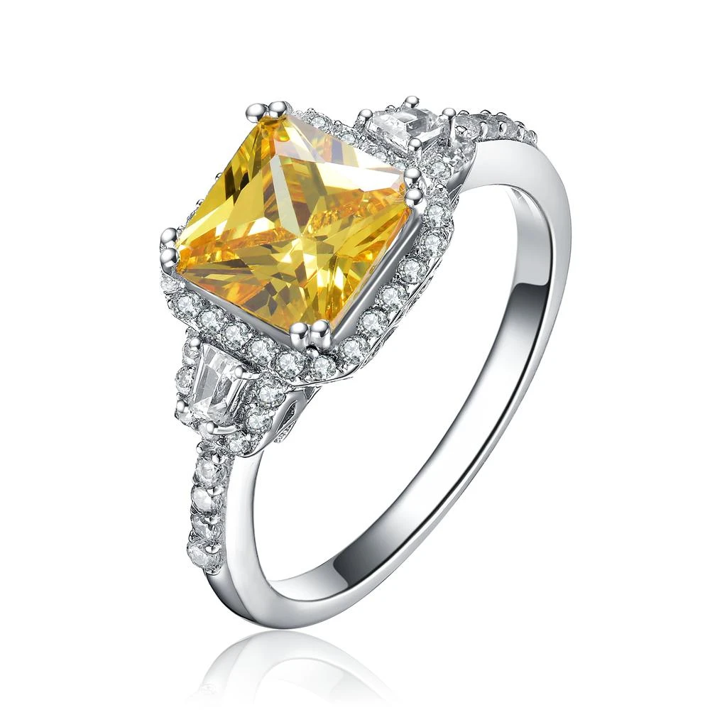 商品Genevive|GENEVIVE Sterling Silver Yellow Cubic Zirconia Halo Coctail  Ring,价格¥562,第1张图片