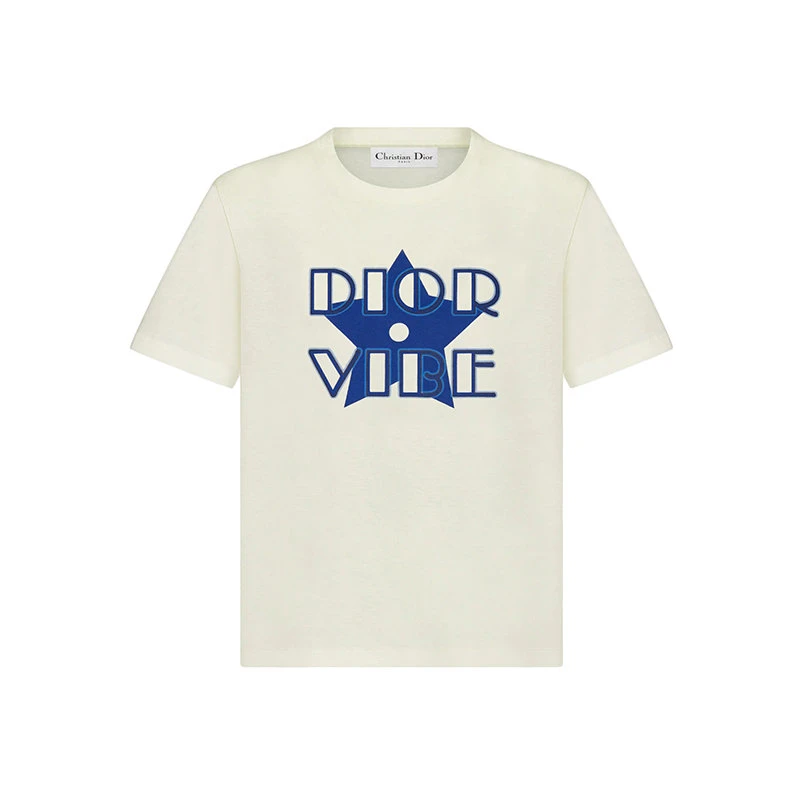 商品Dior|【预售3-7天】DIOR/迪奥 22年春夏新款 VIBE系列 女士米白色和荧光蓝色棉质和亚麻混纺星星Logo短袖T恤223T19A4497_X5882,价格¥7185,第1张图片
