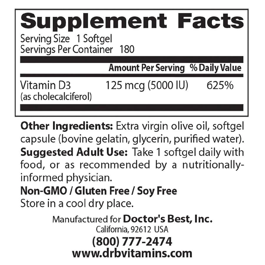 商品Doctor's Best|Vitamin D3 5000 IU,价格¥89,第3张图片详细描述