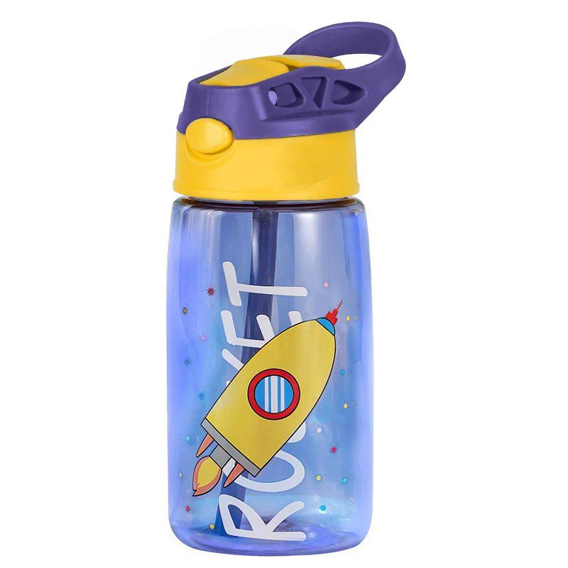 商品Fresh Fab Finds|16.2 oz Leak-Proof Kids Water Bottle With Straw Push Button Sport Water Bottle For Kids Crab Ship Jellyfish Rocket Rocket,价格¥159,第1张图片