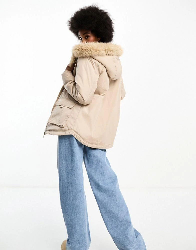 商品Threadbare|Threadbare Tall Prune oversized parka jacket with faux fur trim hood in stone,价格¥246,第2张图片详细描述