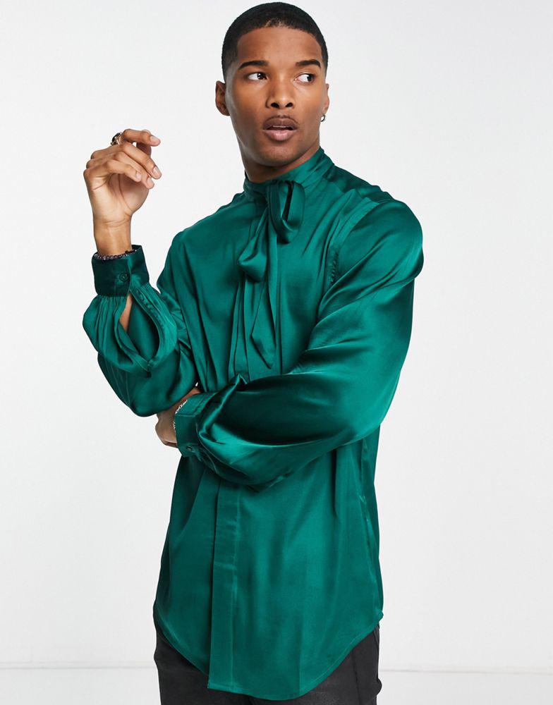 ASOS DESIGN satin shirt with tie neck and blouson volume sleeve in jewel green商品第1张图片规格展示