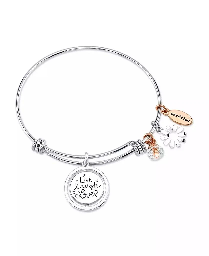 商品Unwritten|"Live Laugh Love" Flower Bangle Bracelet in Stainless Steel & Rose Gold-Tone with Silver Plated Charms,价格¥173,第2张图片详细描述