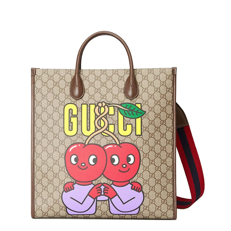 商品Gucci|【包税】GUCCI/古驰 22新款 女士米色/乌木色帆布配棕色皮革细节拥抱樱桃画作印花单肩手提包703264U2QAG8839,价格¥14765,第1张图片