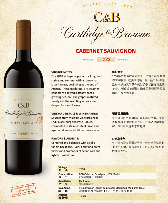 卡蒂诗布朗酒庄赤霞珠干红葡萄酒 2019 | C&B Cabernet Sauvignon 2019 (California)商品第2张图片规格展示