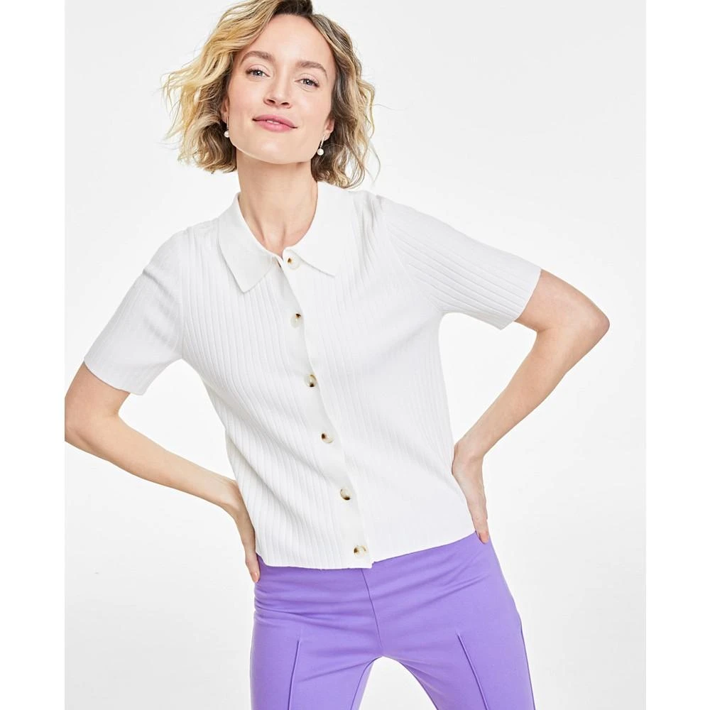 商品On 34th|Women's Short-Sleeve Ribbed Polo Sweater, Created for Macy's,价格¥133,第1张图片