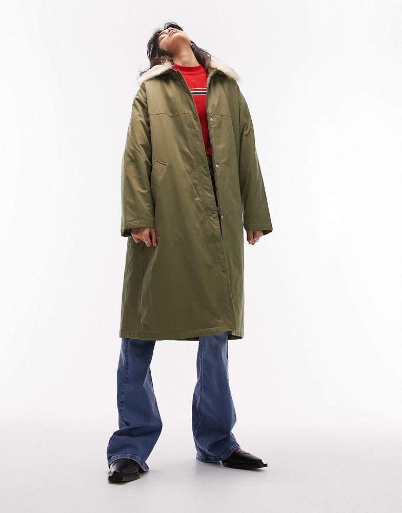 Topshop longline parker jacket with faux fur collar in khaki商品第2张图片规格展示