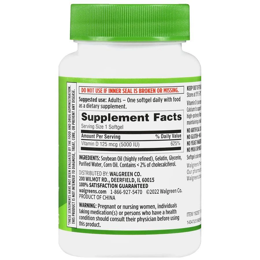 商品Walgreens|Vitamin D3 125 mcg (5000 IU) Softgels (200 days),价格¥168,第3张图片详细描述