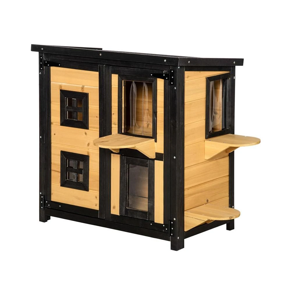 商品PawHut|Outdoor Wood Cat House Shelter Condo w/ Windows Escape Door, Yellow,价格¥1105,第2张图片详细描述