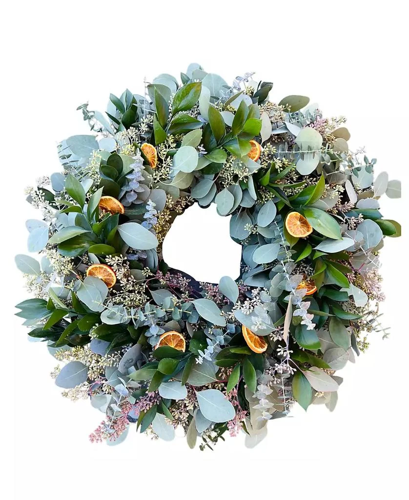商品GreenishBlu|Eucalyptus, Ruscus, Baby Blue Eucalyptus and Oranges Fresh Spring Wreath, 20",价格¥566,第1张图片