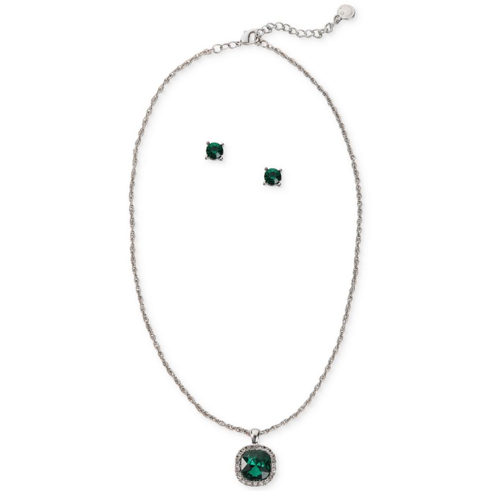Silver-Tone Pavé & Emerald-Cut Stone Halo Pendant Necklace & Stud Earrings Set, Created for Macy's商品第1张图片规格展示