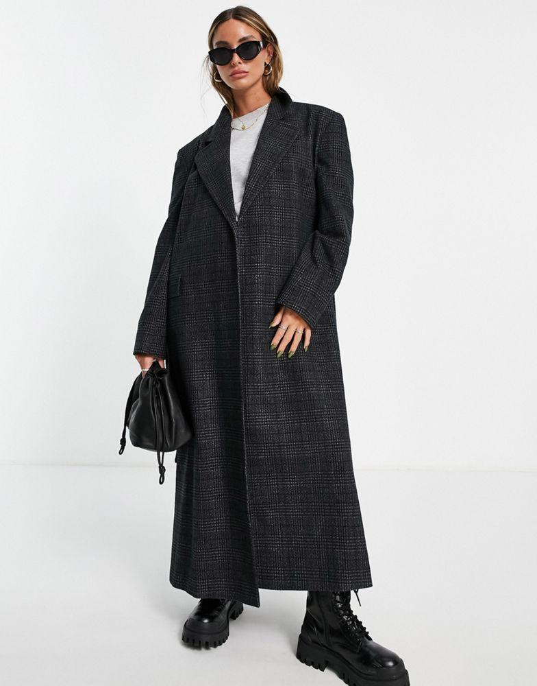 商品Topshop|Topshop wrap belted maxi coat in charcoal check,价格¥857,第1张图片