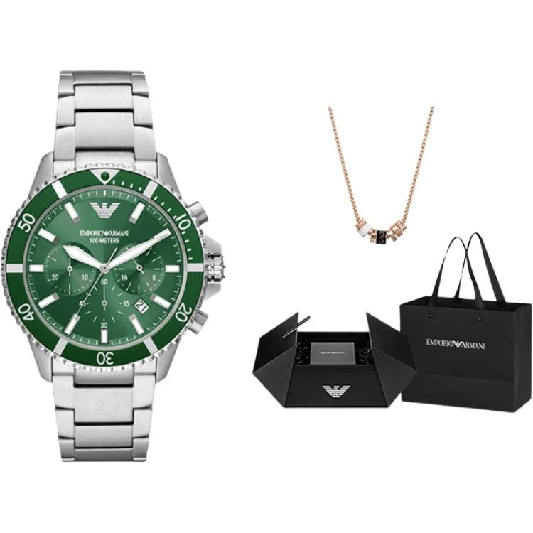 商品[国内直发] Emporio Armani|阿玛尼腕表 石英机芯 不锈钢表带 43mm 绿色表盘 男表 绿水鬼多功能三眼计时欧美男表手表,价格¥3504,第1张图片