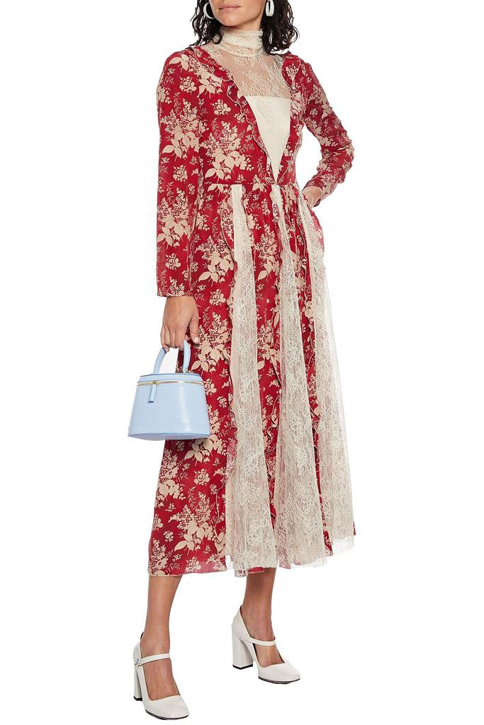 Chantilly lace-paneled floral-print silk crepe de chine midi dress商品第2张图片规格展示
