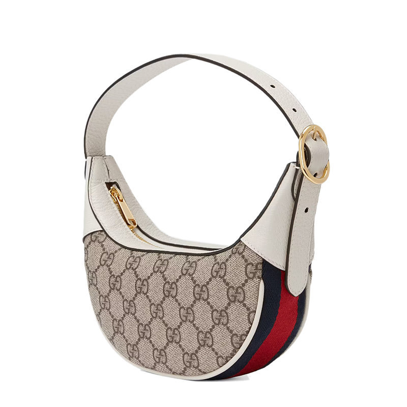 商品Gucci|【预售3-7天】GUCCI/古驰 22春夏新款Ophidia系列 女士迷你米色/乌木色老花帆布白色皮革滚边半月形单肩腋下包‎65855196IWG9794,价格¥7214,第6张图片详细描述