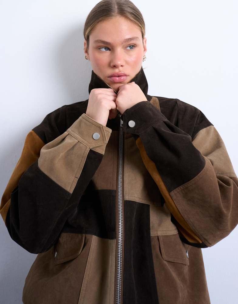 Topshop Topshop faux suede patchwork bomber jacket in multi