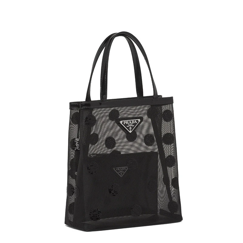商品Prada|【预售3-7天】PRADA/普拉达 21年秋冬 女士小号黑色织物材质皮革提手波尔卡圆点图案网眼手提托特包1BG417_2DZ9_F0002_V_OOO,价��格¥10885,第5张图片详细描述