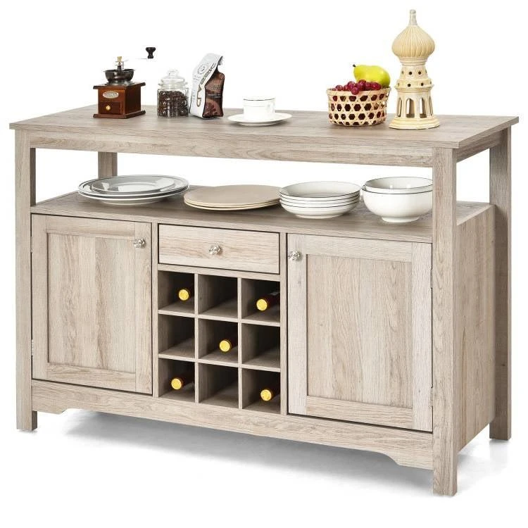 商品QuikFurn|Grey Wood Sideboard Buffet Server Cabinet with Wine Rack and Storage Shelf,价格¥2219,第1张图片
