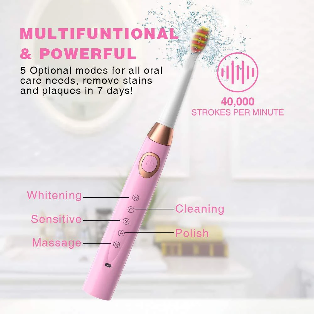 商品Sboly|2 Sonic Electric Toothbrushes 5 Modes 8 Brush Heads USB Fast Charge Powered Toothbrush Last for 30 Days, Built-in Smart Timer Rechargeable Toothbrushes for Adults and Kids (1 Black and 1 Pink) SY-508,价格¥420,第2张图片详细描述