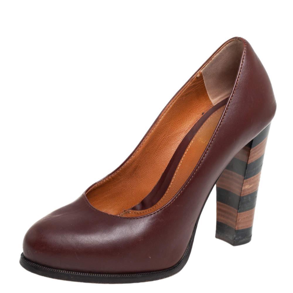 商品[二手商品] Fendi|Fendi Burgundy Leather Pequin Block Heel Pumps Size 35,价格¥990,第1张图片