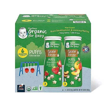 商品Gerber|Gerber Organic Grain & Grow Cereal Puffs Variety Pack, Peach and Strawberry, 1.48 oz., 6 pk.,价格¥130,第1张图片