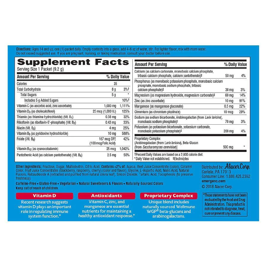 商品Emergen-C Immune+|Drink Mix with 1000mg Vitamin C Plus Vitamin D & Zinc Raspberry,价格¥134,第4张图片详细描述