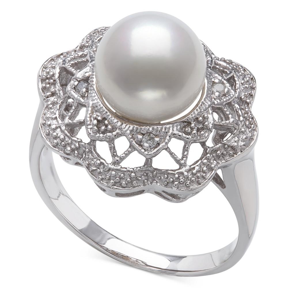 Cultured Freshwater Pearl (9mm) & Diamond Accent Filigree Statement Ring in Sterling Silver商品第1张图片规格展示