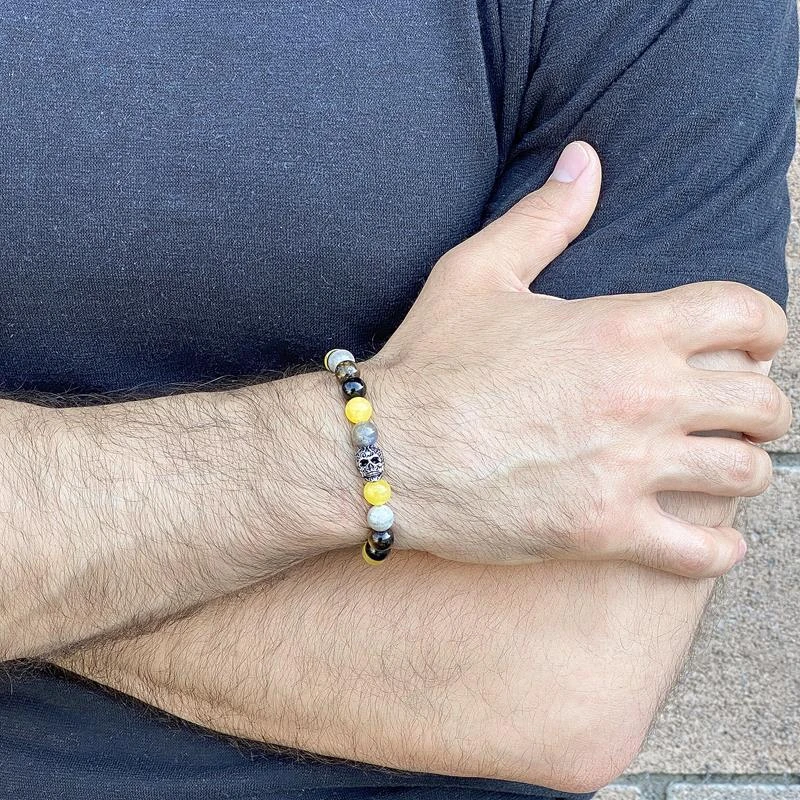 商品Crucible Jewelry|Crucible Los Angeles Single Skull Stretch Bracelet with 8mm Polished Black Onyx, Labradorite, Yellow Jade and Tiger Eye Beads,价格¥262,第2张图片详细描述