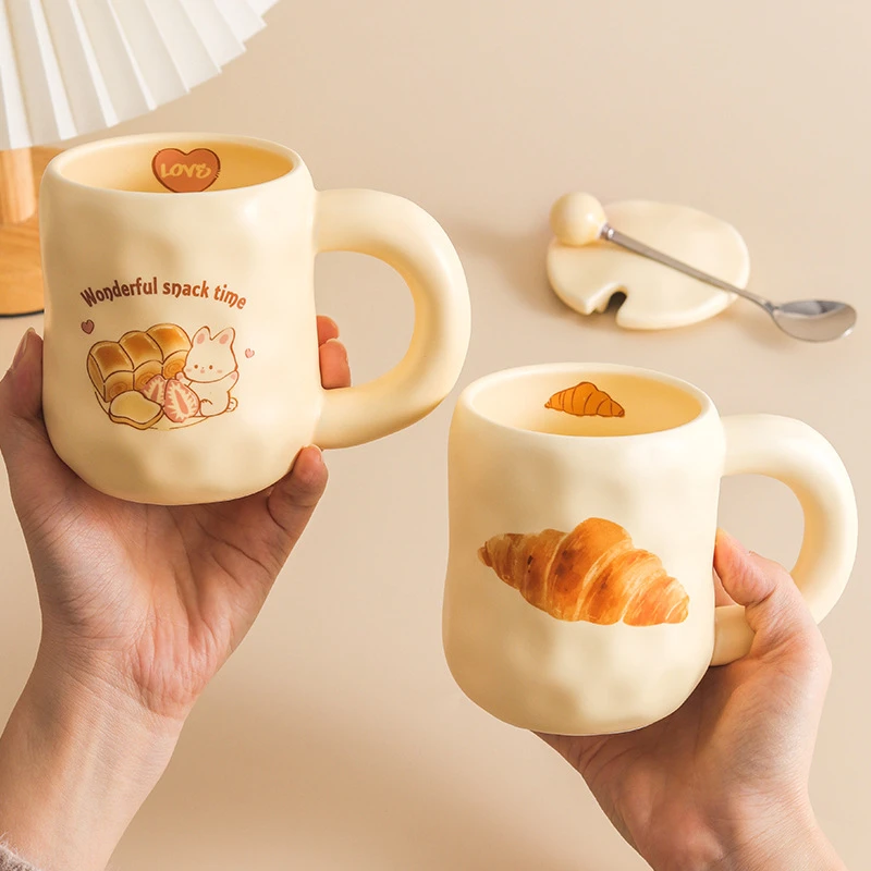 可爱奶fufu杯子面包马克杯带盖勺ins风女生陶瓷咖啡早餐杯办公室 商品