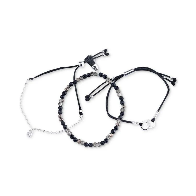 商品Unwritten|3-Pc. Set Crystal, Bead and Link Black Cord Adjustable Bracelets in Silver-Plate,价格¥105,第3张图片详细描述