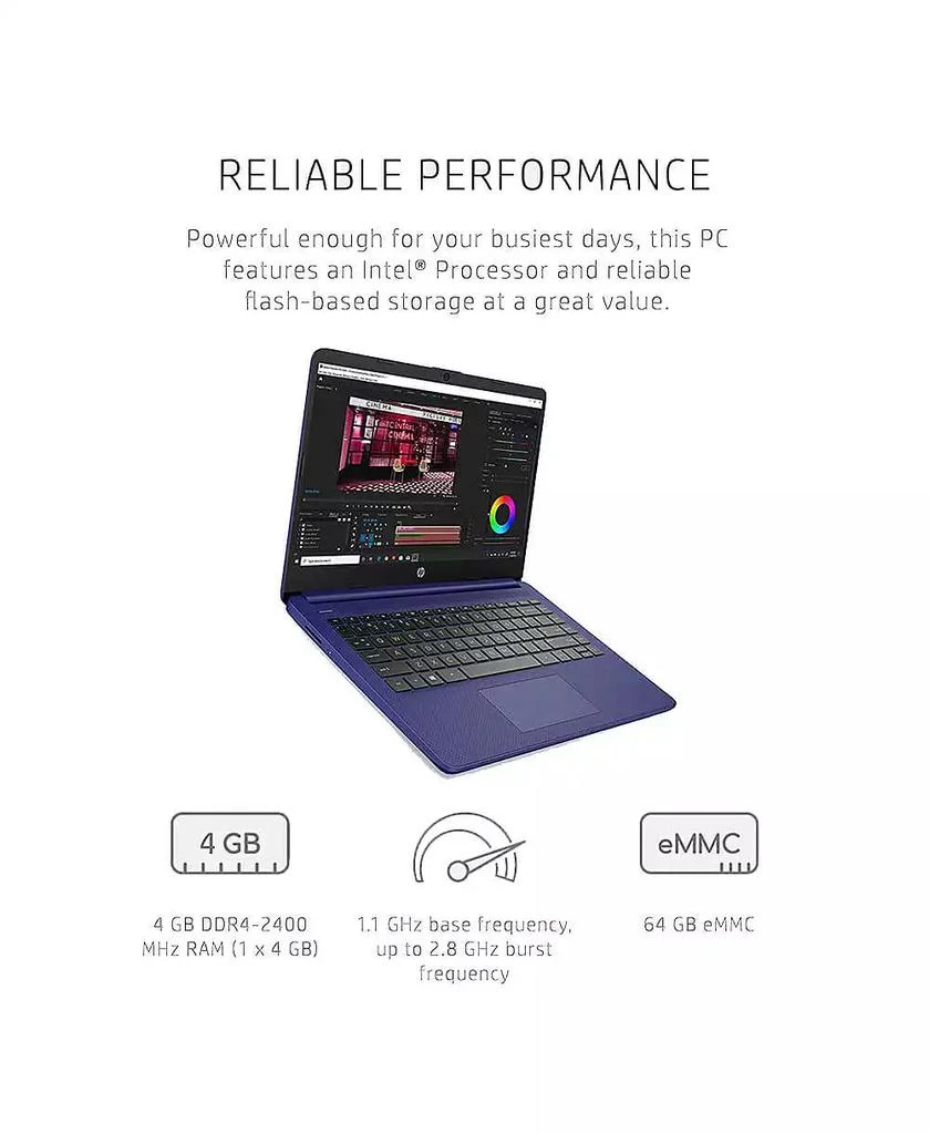 商品HP|14" Laptop Intel Celeron 4GB RAM 64GB SSD Storage Windows 10 - Indigo Blue,价格¥1761,第3张图片详细描述