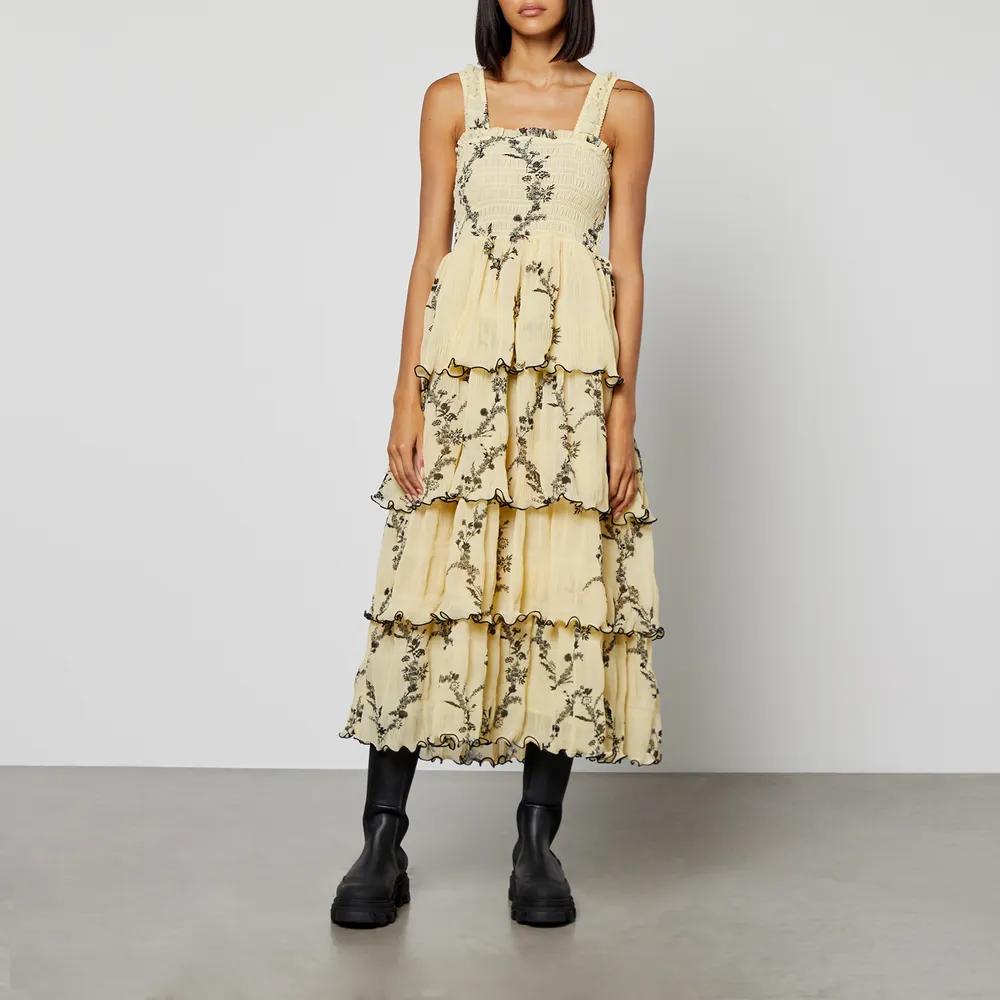 Ganni Floral-Printed Smocked Crinkled Georgette Tiered Midi Dress商品第1张图片规格展示