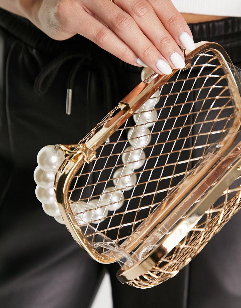 ASOS DESIGN caged clutch bag with pearl beaded handle in gold商品第4张图片规格展示