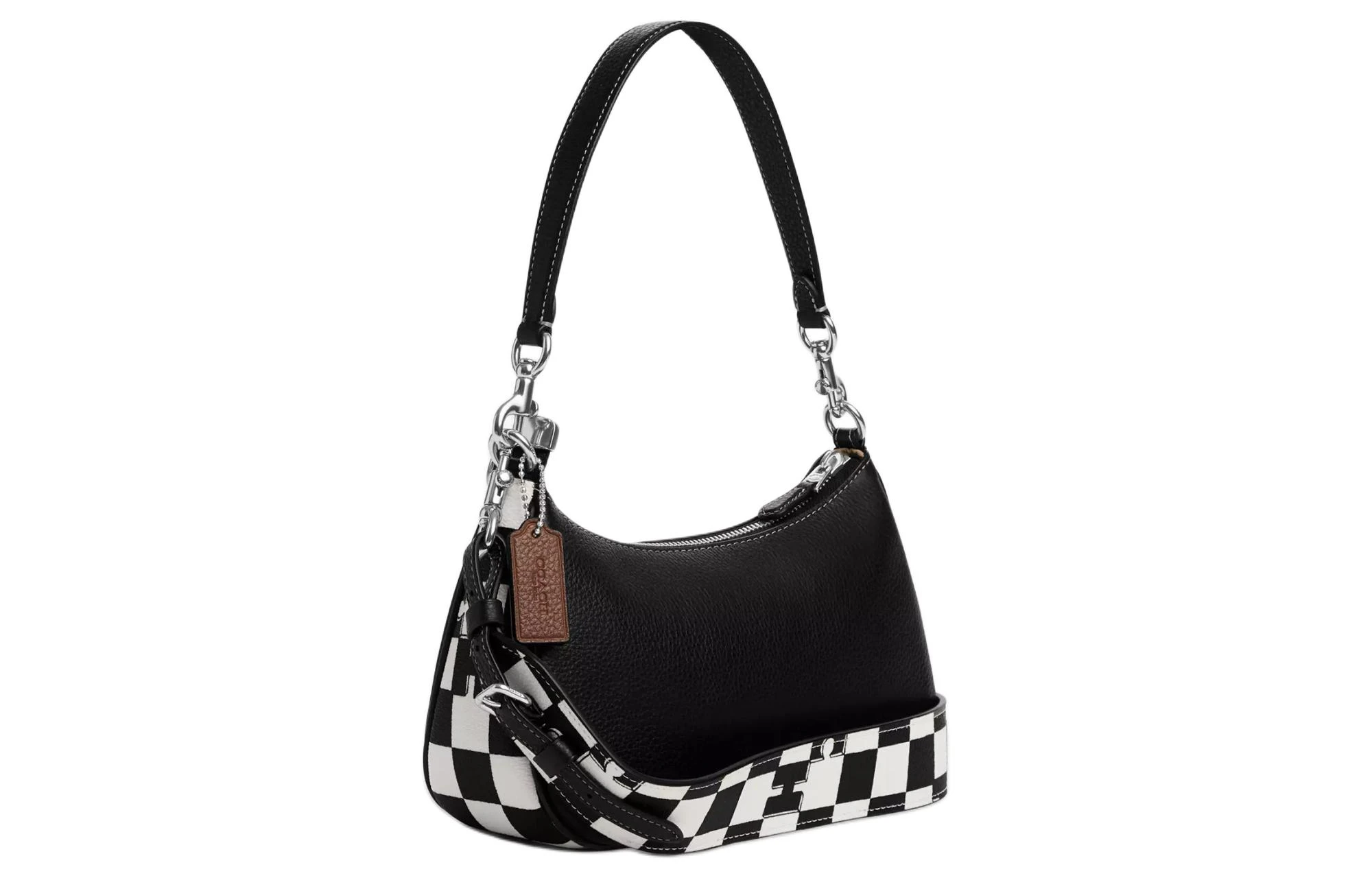 商品[国内直发] Coach|蔻驰 Teri 24 棋盘格印花设计Logo徽标拉链开合 鹅卵石纹皮革 斜挎单肩包 中号 女款 黑色拼白色,价格¥1178,第3张图片详细描述