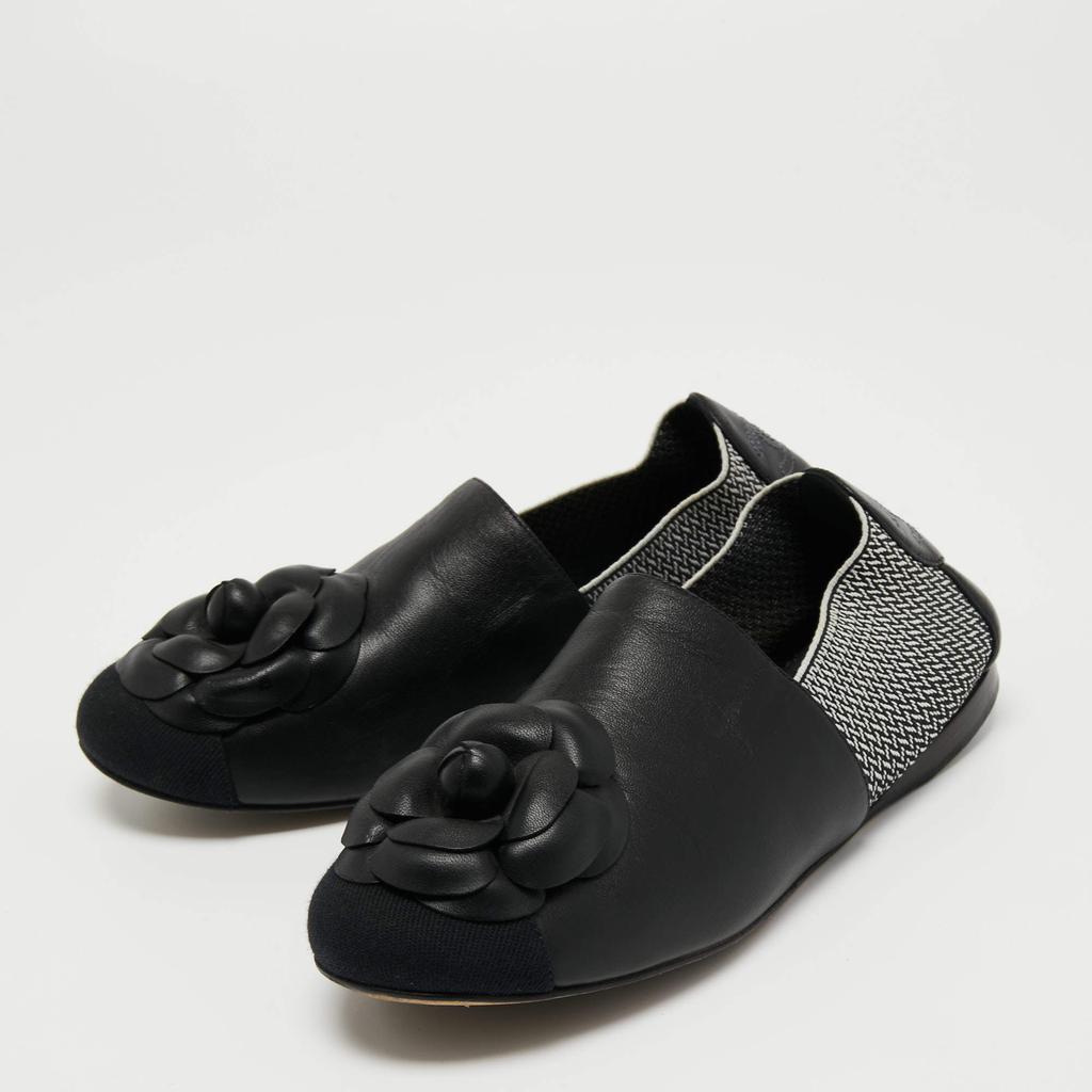 Chanel Two Tone Leather and Elastic Cap Toe Camellia Flower Ballet Flats Size 37商品第2张图片规格展示