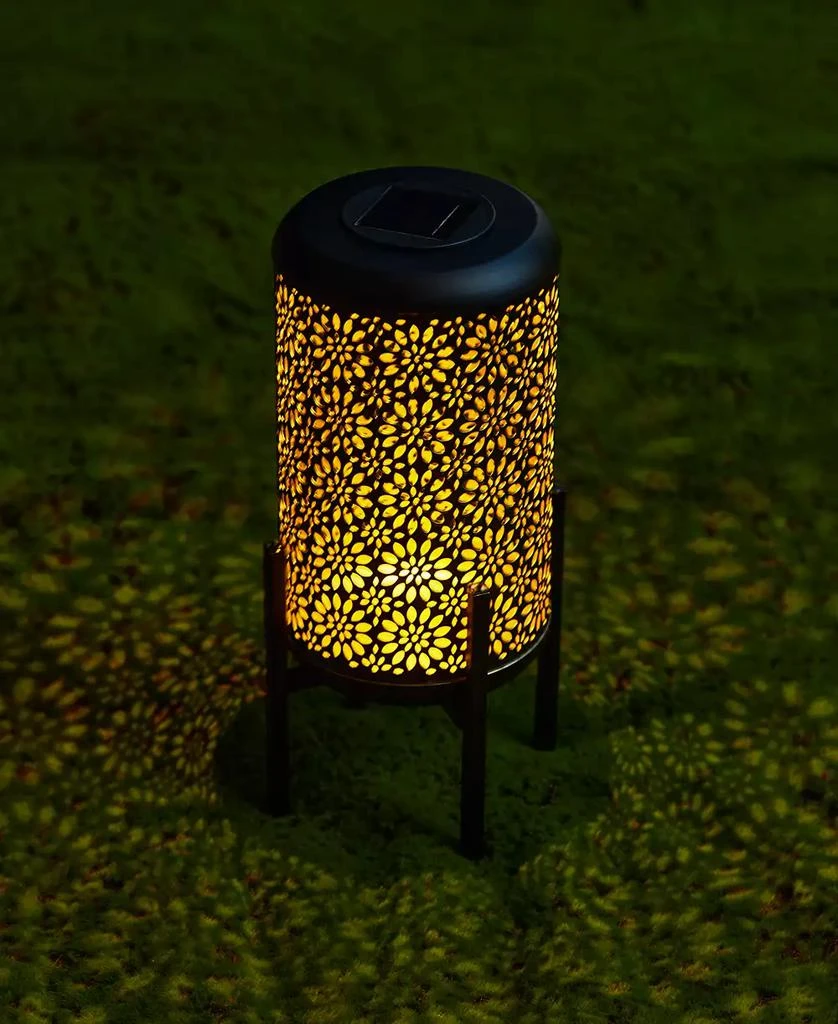 14.25" H Black and Gold-Tone Metal Cutout Flower Pattern Solar Powered LED Outdoor Lantern with Stand 商品