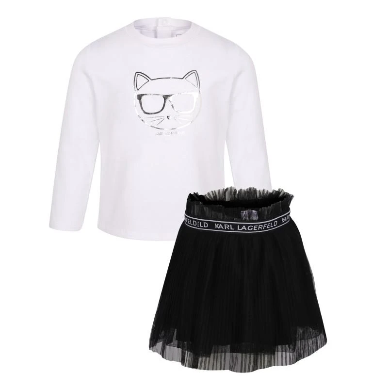 商品Karl Lagerfeld Paris|Metallic choupette logo top and tulle skirt set in black and white,价格¥951,第1张图片