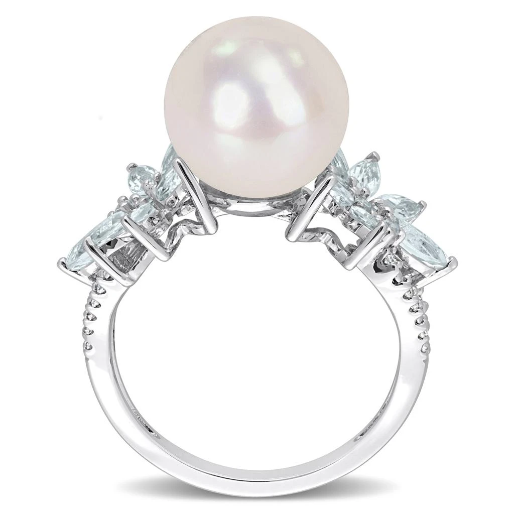 11-12mm Cultured Freshwater Pearl and 1 1/5ct TGW Aquamarine and 1/10ct TDW Diamond Flower Ring in Sterling Silver 商品