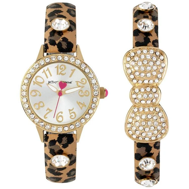 商品Betsey Johnson|Women's Brown Leopard Printed Imitation Leather Strap Watch & Bangle Bracelet Set 30mm BJ00536-39,价格¥225,第2张图片详细描述