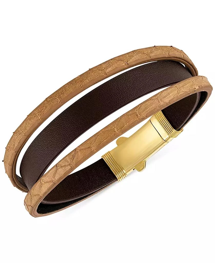 商品Esquire Men's Jewelry|Two-Tone Triple Strap Leather Layered Bracelet in 18k Gold-Plated Sterling Silver, Created for Macy's,价格¥703,第1张图片